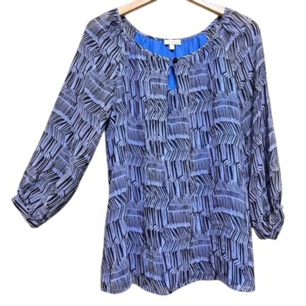Shoshanna 6 Silk Geometric Keyhole Blouse Blue Black 3/4 Puff Sleeve Boho Chic
